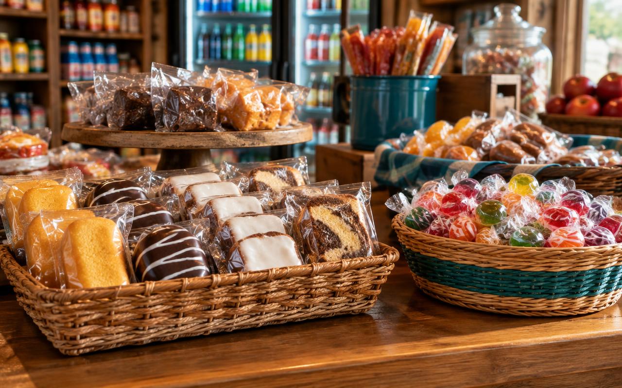 Snack cakes and colorful candies displayed in baskets