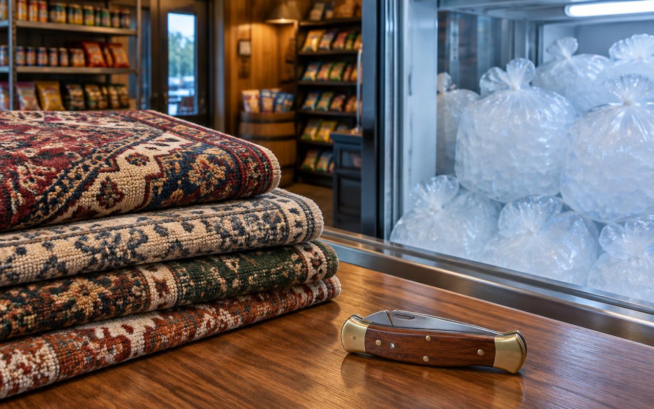 Patterned rugs, bagged ice, and a closed pocket knife